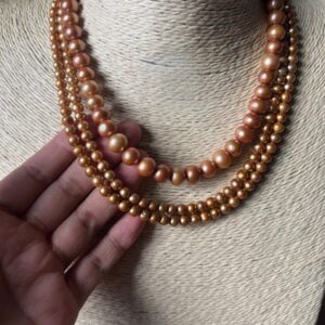 8mm and 5mm Fresh Water Pearls 3 Strands Neckpiece Brown/Gold overtone