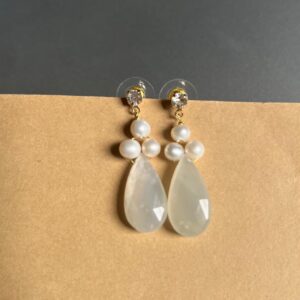 Moonstone Gem, Fresh Water Pearls, 14k plated Zirconia Stud