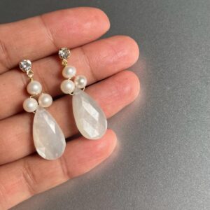 Moonstone Gem, Fresh Water Pearls, 14k plated Zirconia Stud