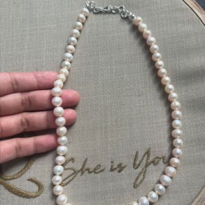 Delicate 6mm Fresh Water Pearls near round Neckpiece Off-White, Peach overtone With Sterling Silver Clasp.