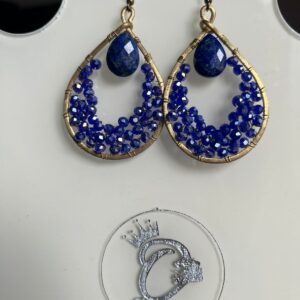 Cascading crystals, Lapis Lazuli gem, Hammered Brass Frame