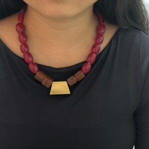 Red Glass Beads with Brass Box Charm Neckpiece