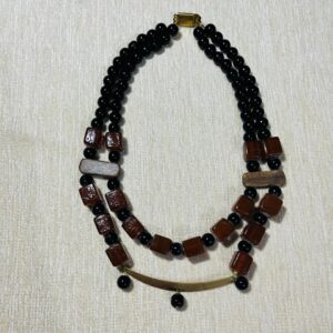 Brown & Black Glass Beads & Brass Charm Neckpiece