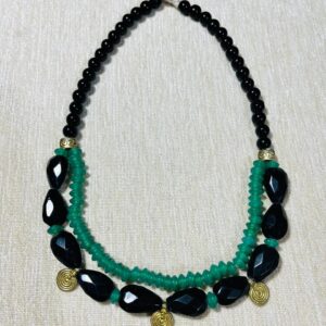 Black & Green Glass Beads & Brass Charm Neckpiece