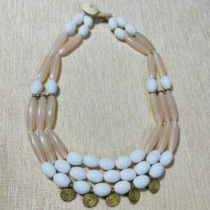 White & Light Peach Glass Beads & Brass Charm Neckpiece