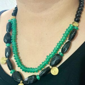 Black & Green Glass Beads & Brass Charm Neckpiece