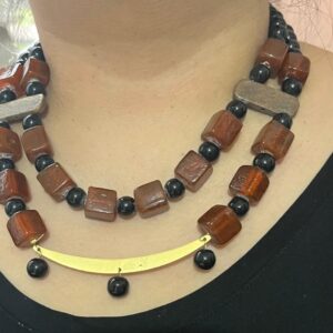 Brown & Black Glass Beads & Brass Charm Neckpiece