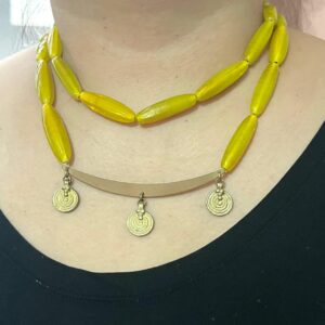 Mustard Yellow Glass Beads & Brass Charm Neckpiece