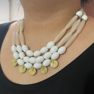 White & Light Peach Glass Beads & Brass Charm Neckpiece